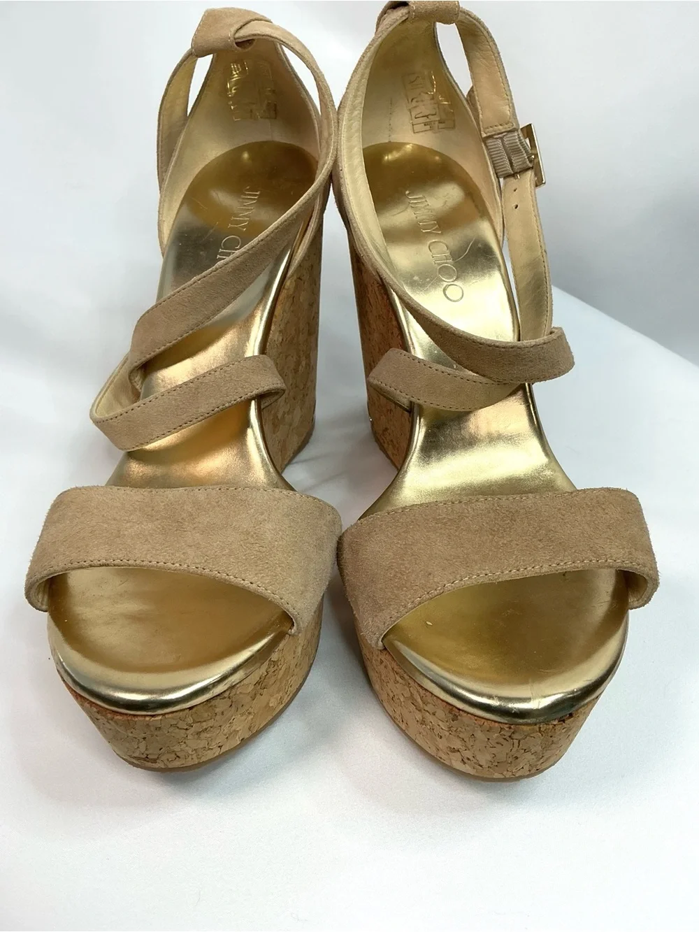 Jimmy Choo | Portia 120 Nude Suede Cork Platform Wedge Sandals EU 40